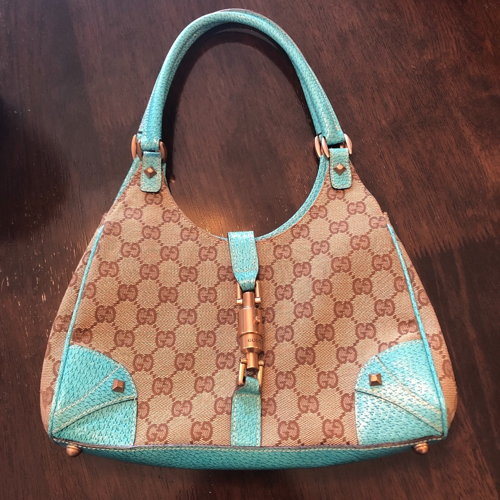 ORIGINAL GG CANVAS & TURQUOISE LEATHER JACKIE HOBO